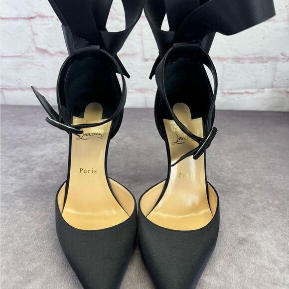 Christian Louboutin Crepe Satin Raissa 100 Ankle Strap Pumps 40 Black - Picture 4 of 9